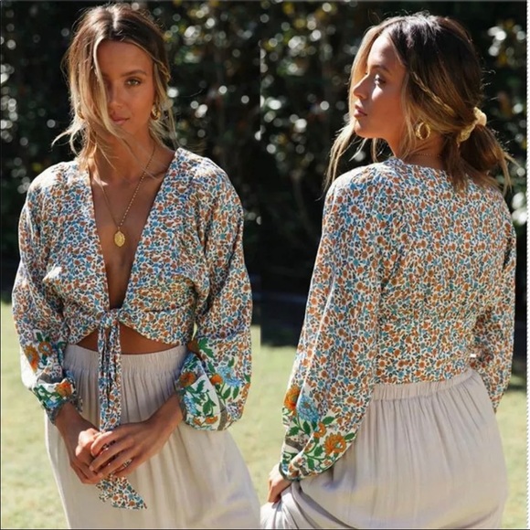 Boho Floral Print Gypsy Crop Top Tied Long Sleeve - Picture 12 of 16